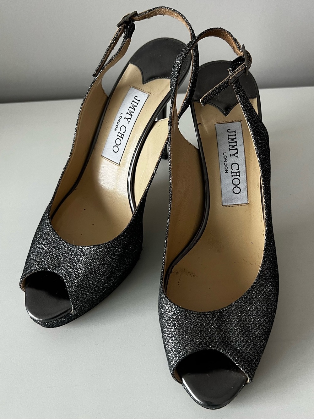 Jimmy Choo Black Glitter Peep-Toe Slingback Heels